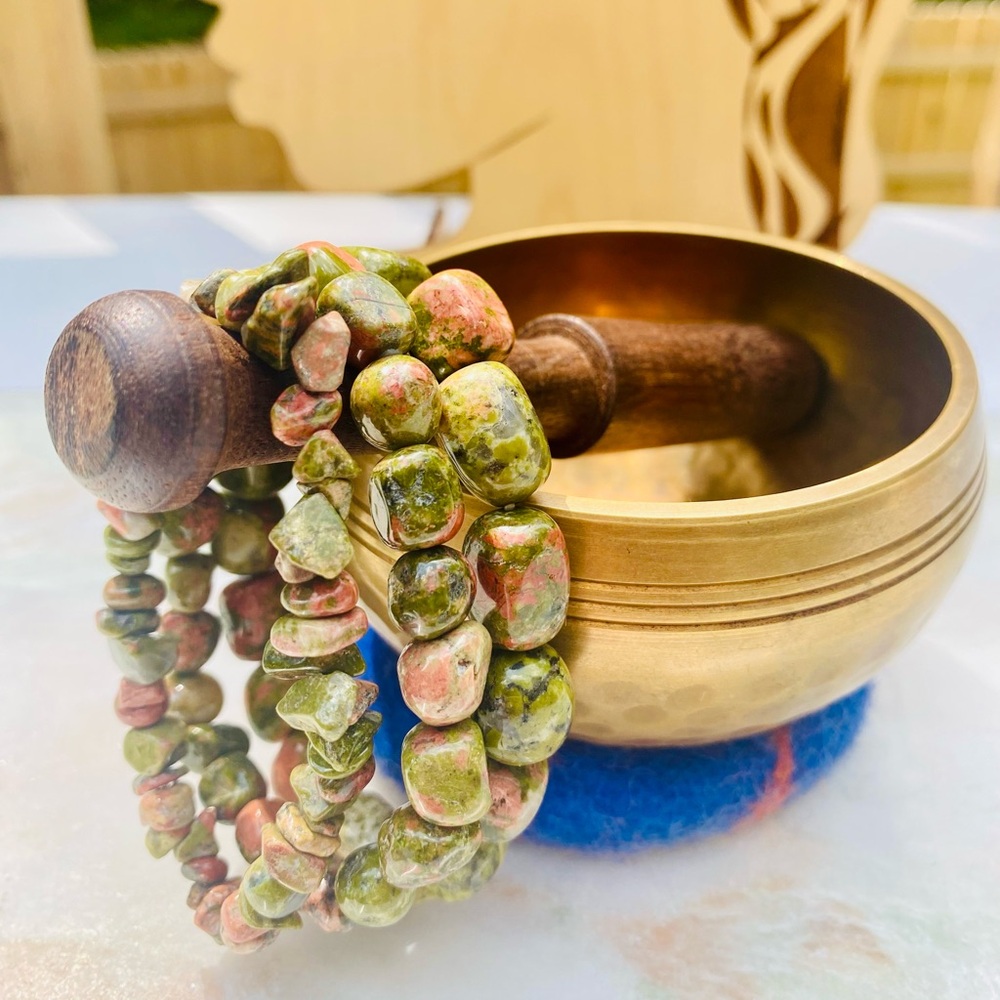 Green & Pink Unakite Jasper Stone of Self Love Nugget & Chip Bracelets 3pcs